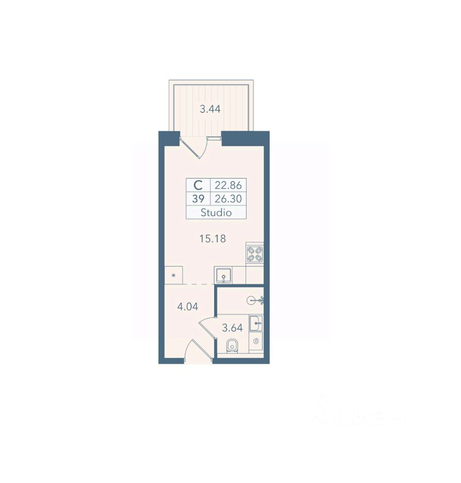 Апарт-студия, 26,3 м², 3/8 этаж