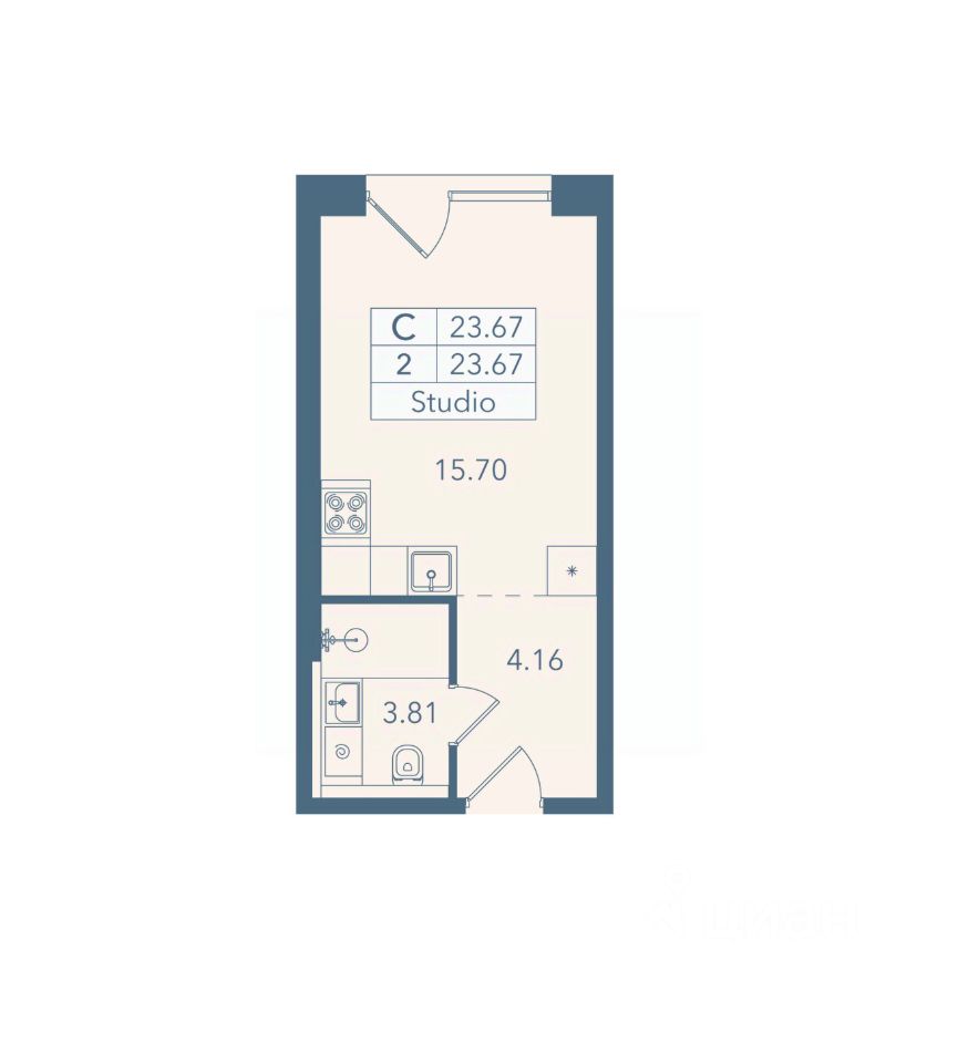 Апарт-студия, 23,7 м², 2/8 этаж