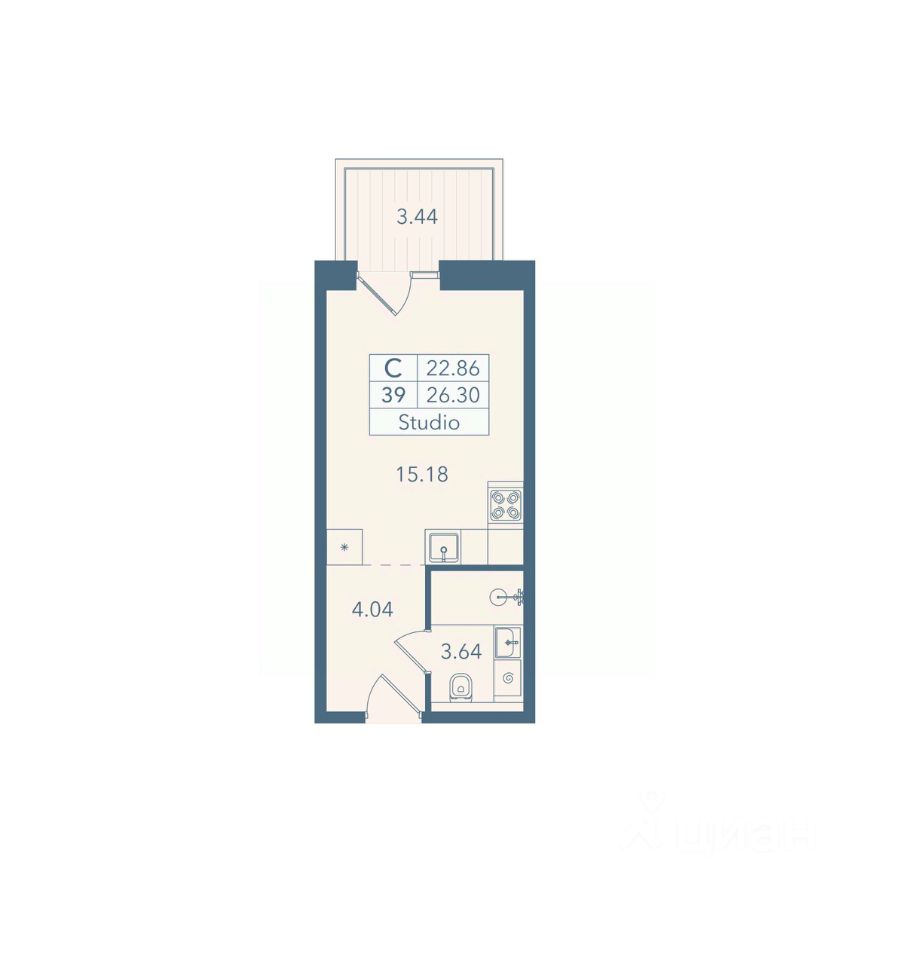Апарт-студия, 26,3 м², 4/8 этаж