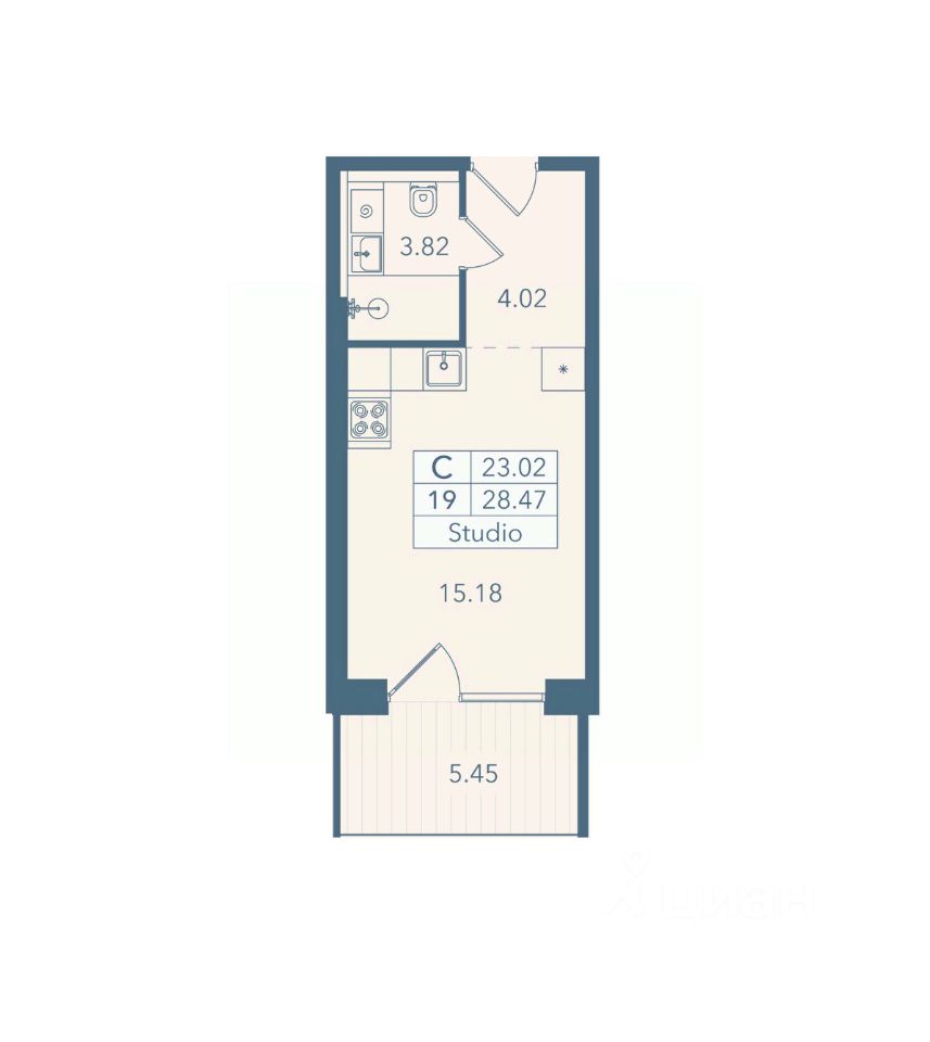 Апарт-студия, 28,5 м², 2/8 этаж