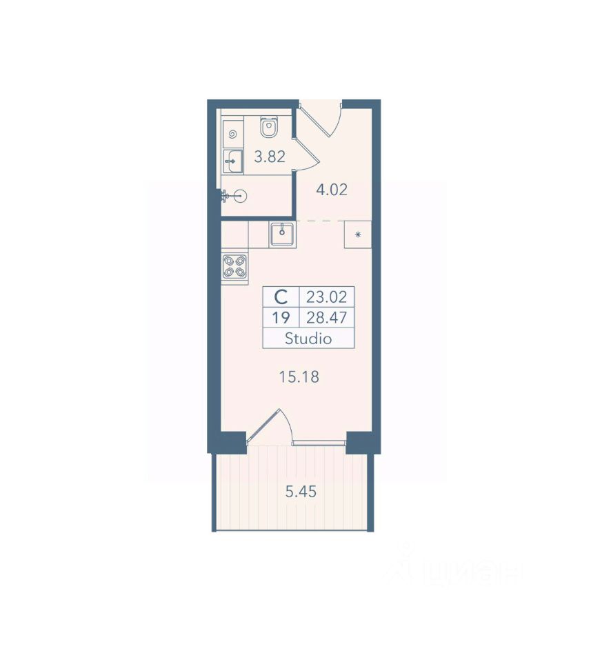 Апарт-студия, 28,5 м², 3/8 этаж