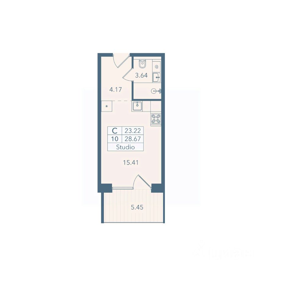 Апарт-студия, 28,7 м², 4/8 этаж