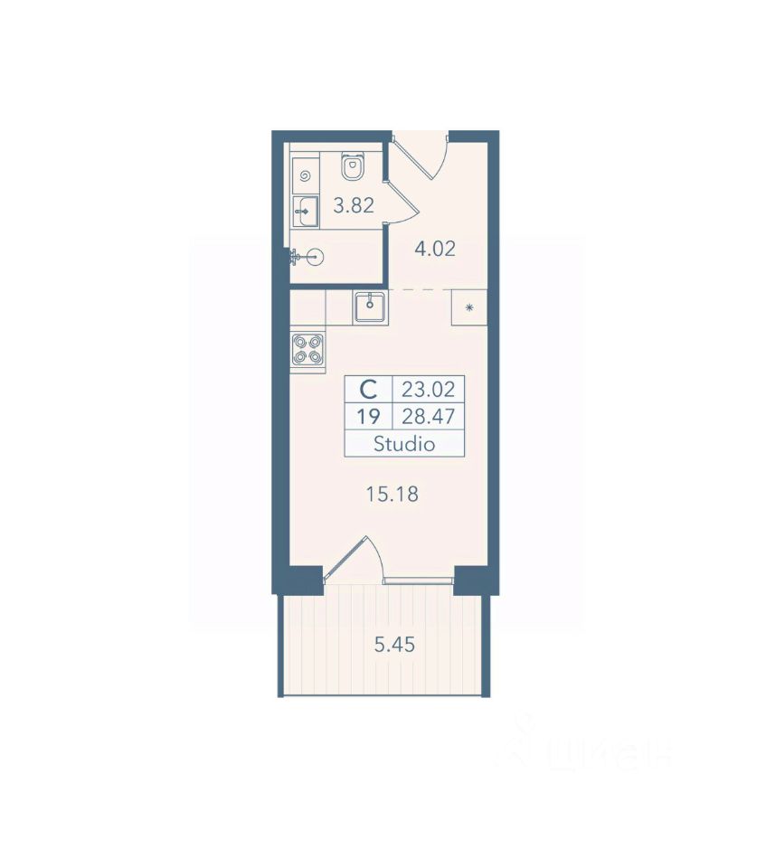 Апарт-студия, 28,5 м², 4/8 этаж