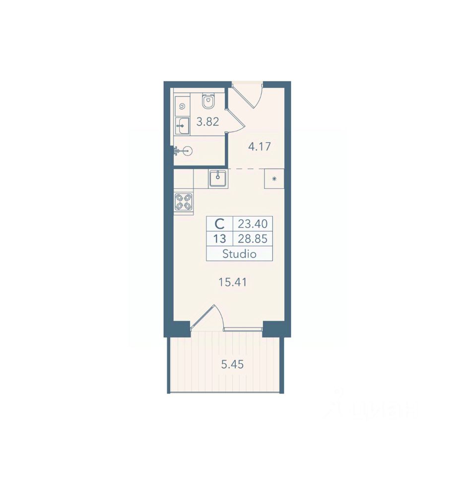 Апарт-студия, 28,9 м², 4/8 этаж