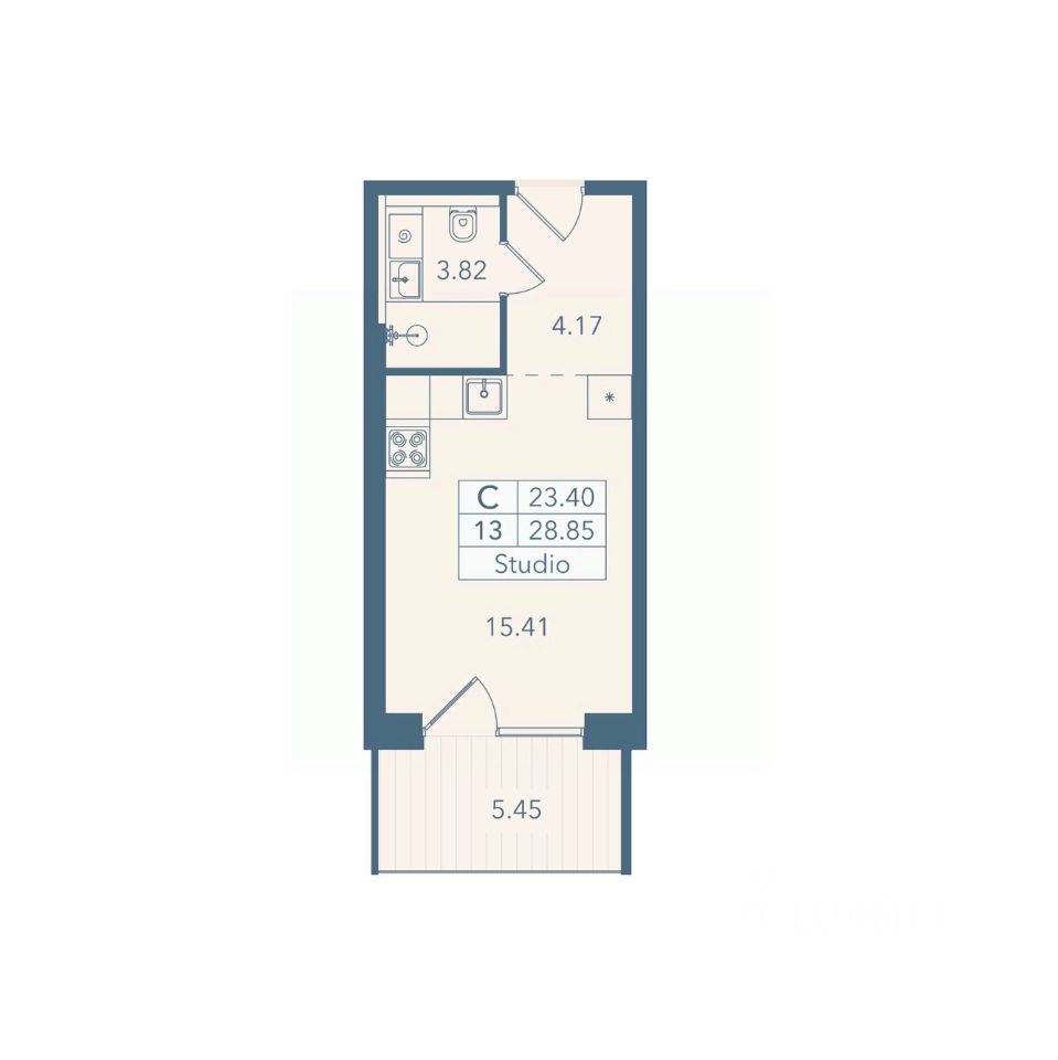 Апарт-студия, 28,9 м², 2/8 этаж