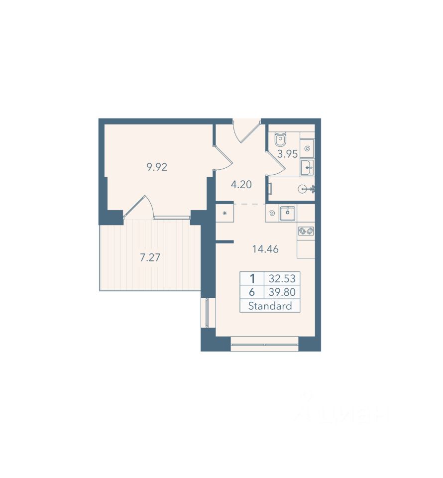 1-комн. апарт., 39,8 м², 2/8 этаж