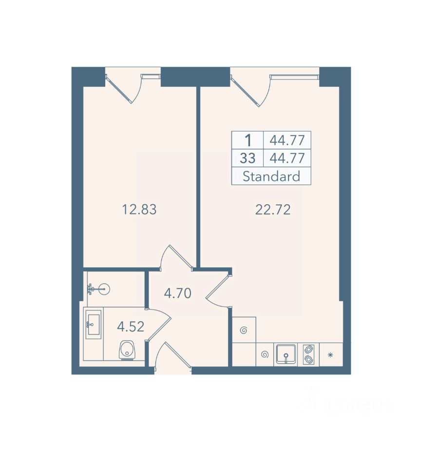 1-комн. апарт., 44,8 м², 2/8 этаж