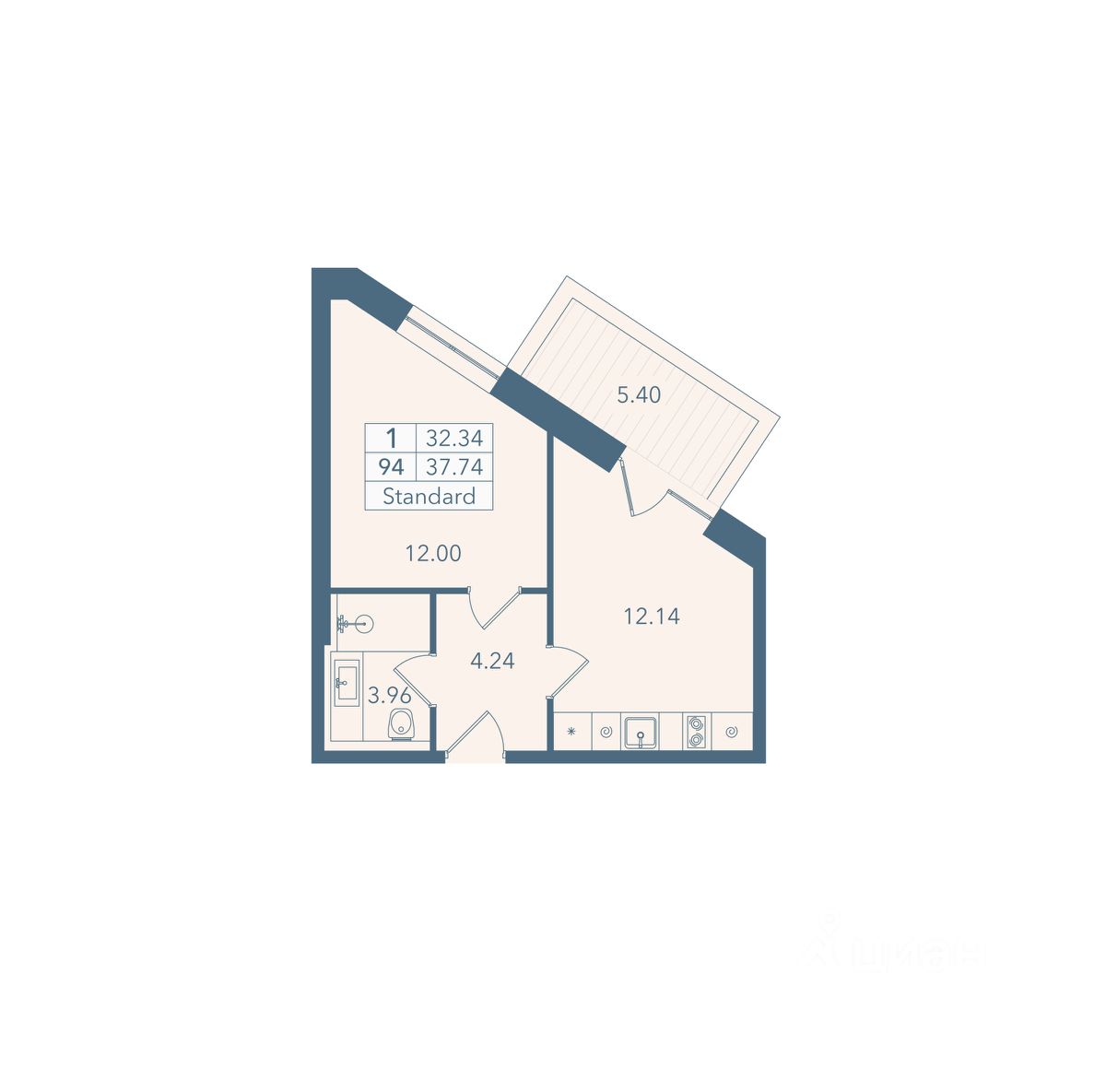 1-комн. апарт., 34,7 м², 4/8 этаж