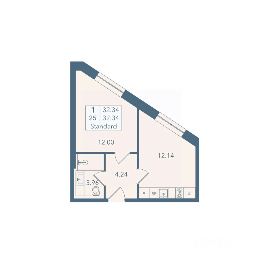 1-комн. апарт., 32,3 м², 2/8 этаж