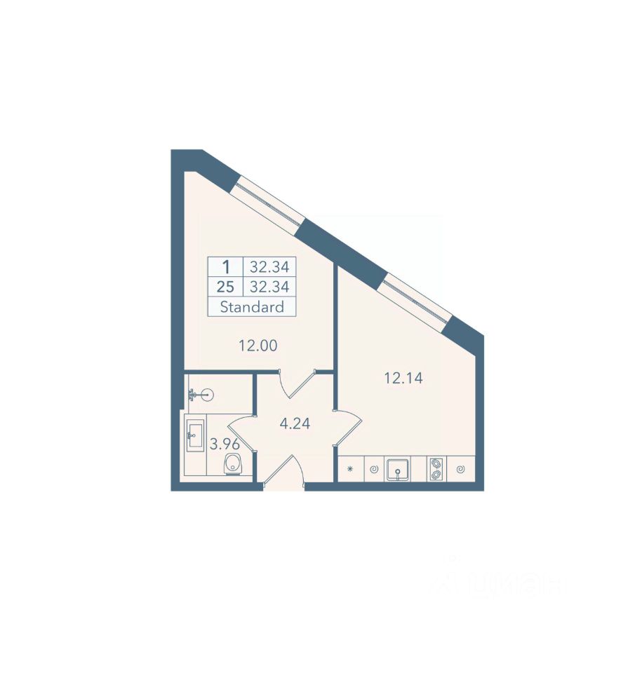 1-комн. апарт., 32,3 м², 3/8 этаж