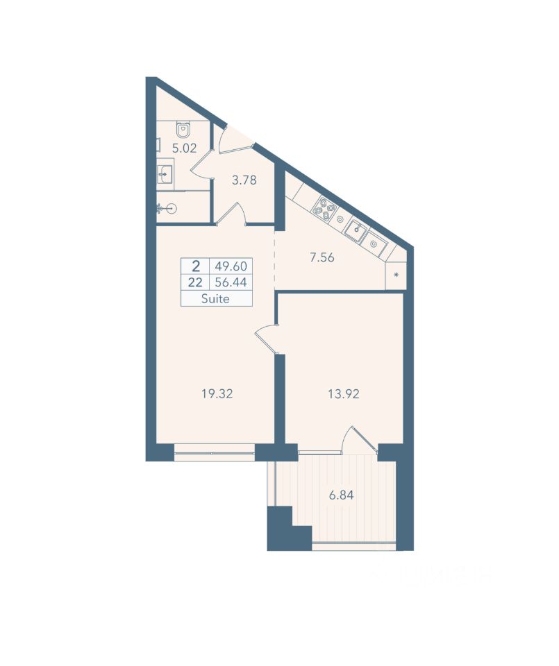 2-комн. апарт., 56,4 м², 2/8 этаж