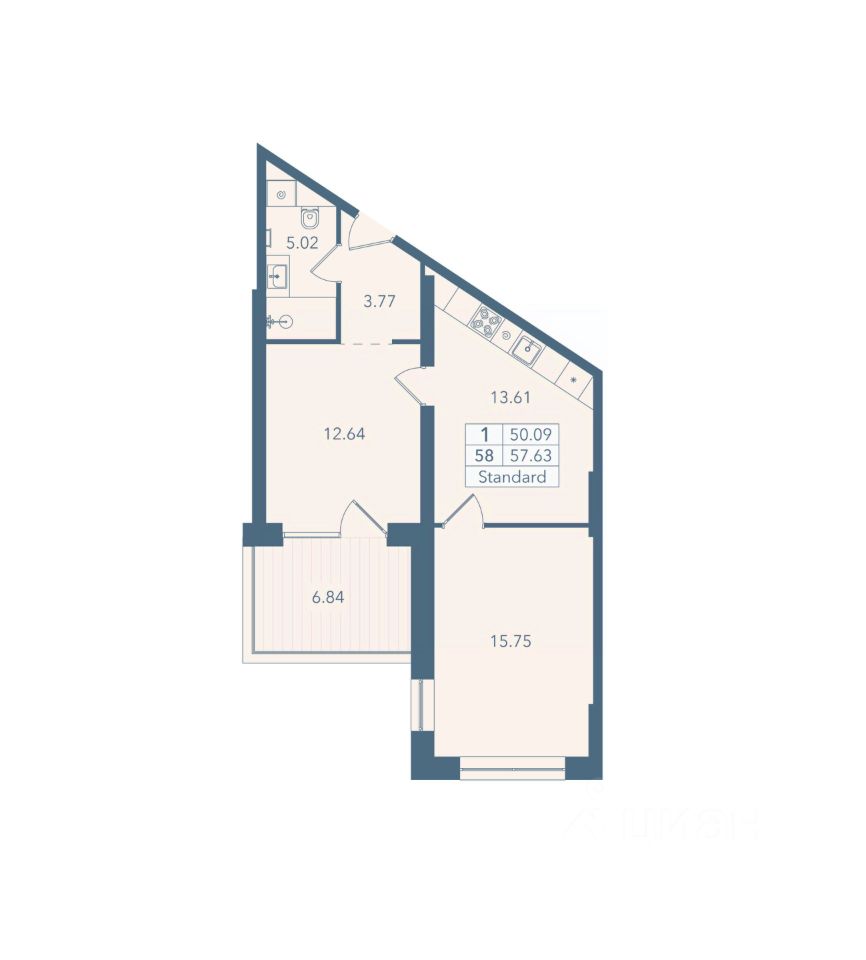 2-комн. апарт., 57,6 м², 3/8 этаж