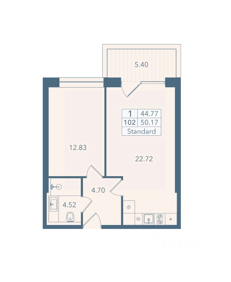 1-комн. апарт., 50,2 м², 4/8 этаж