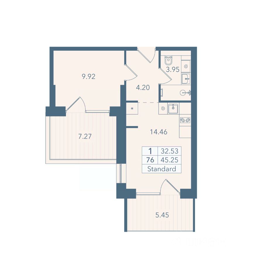 1-комн. апарт., 45,2 м², 4/8 этаж