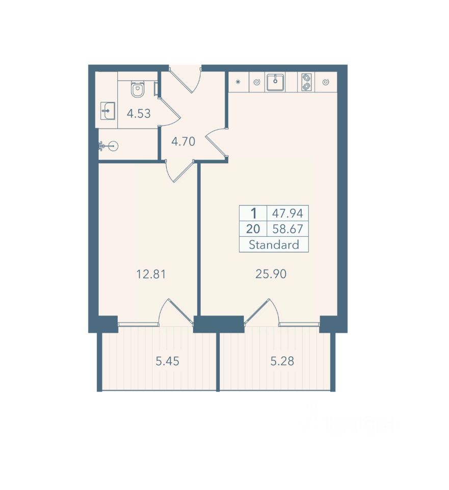 1-комн. апарт., 58,7 м², 4/8 этаж