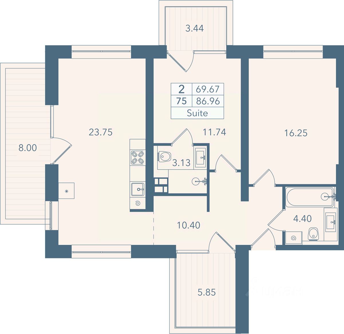 2-комн. апарт., 87 м², 4/8 этаж