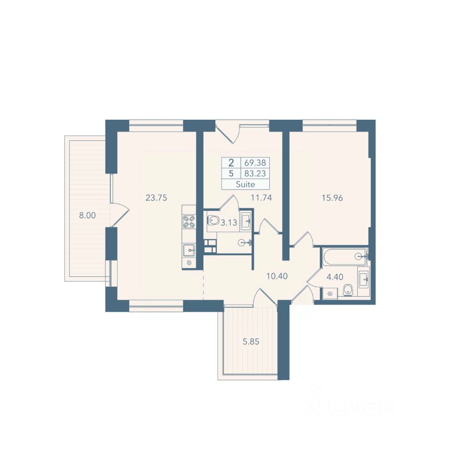 2-комн. апарт., 83,2 м², 2/8 этаж