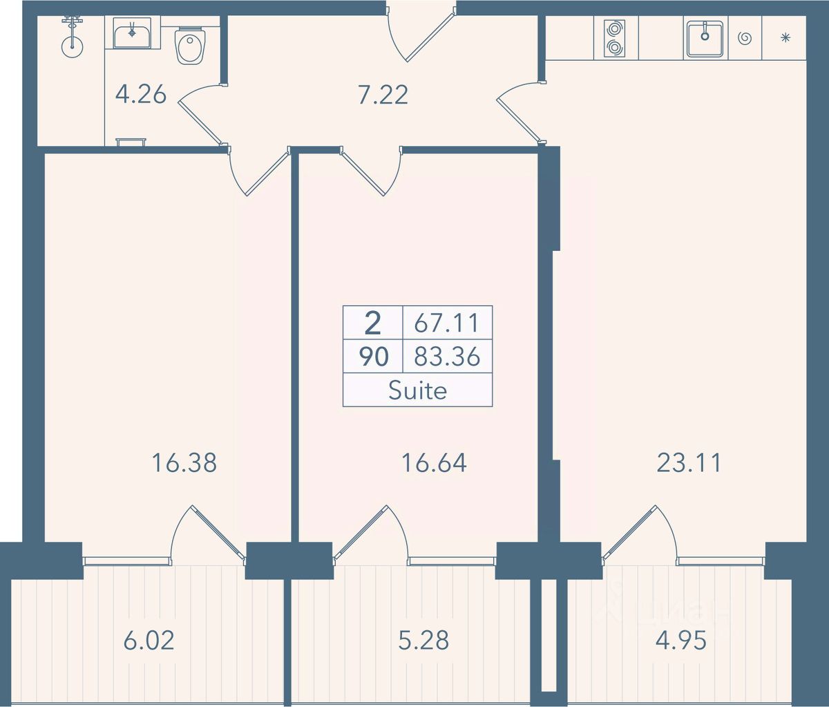 2-комн. апарт., 83,9 м², 4/8 этаж