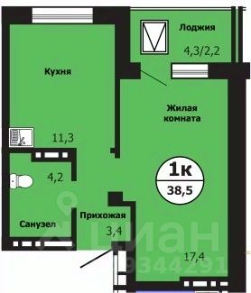 1-комн.кв., 38,5 м², 19/19 этаж