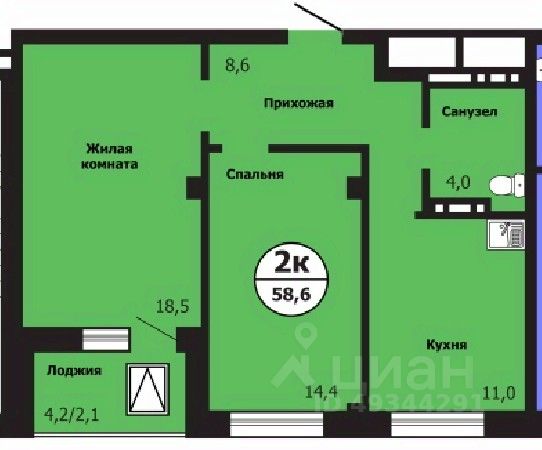 2-комн.кв., 58,5 м², 12/19 этаж
