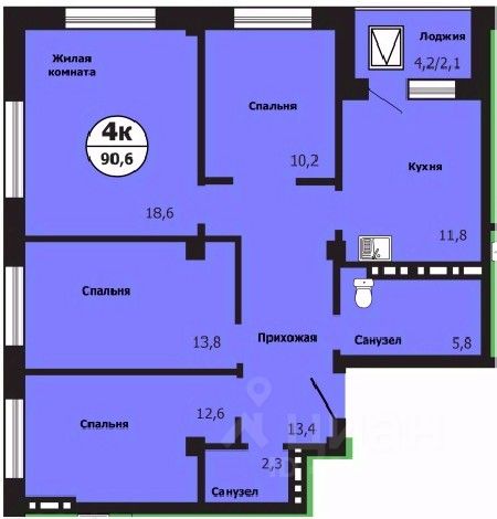 4-комн.кв., 90,6 м², 16/19 этаж