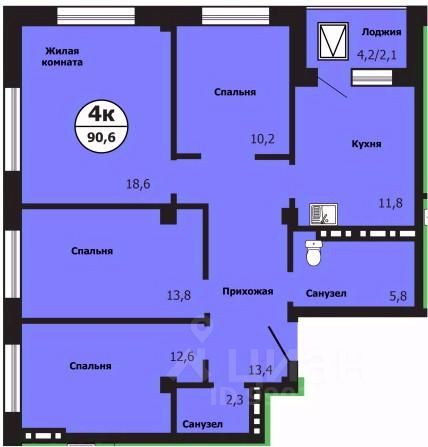 4-комн.кв., 90,6 м², 14/19 этаж