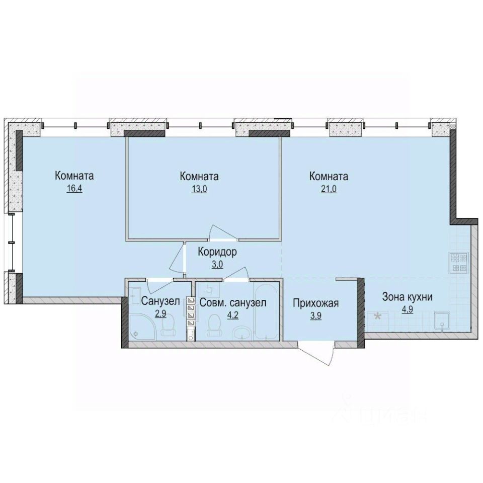 3-комн.кв., 68,3 м², 2/10 этаж
