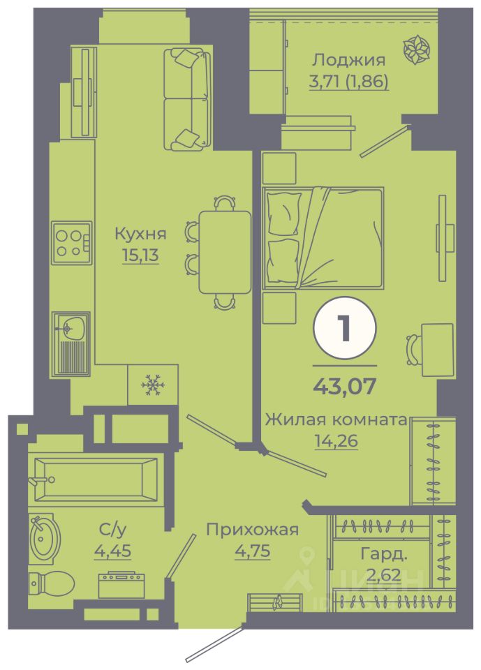 1-комн.кв., 43,1 м², 10/24 этаж