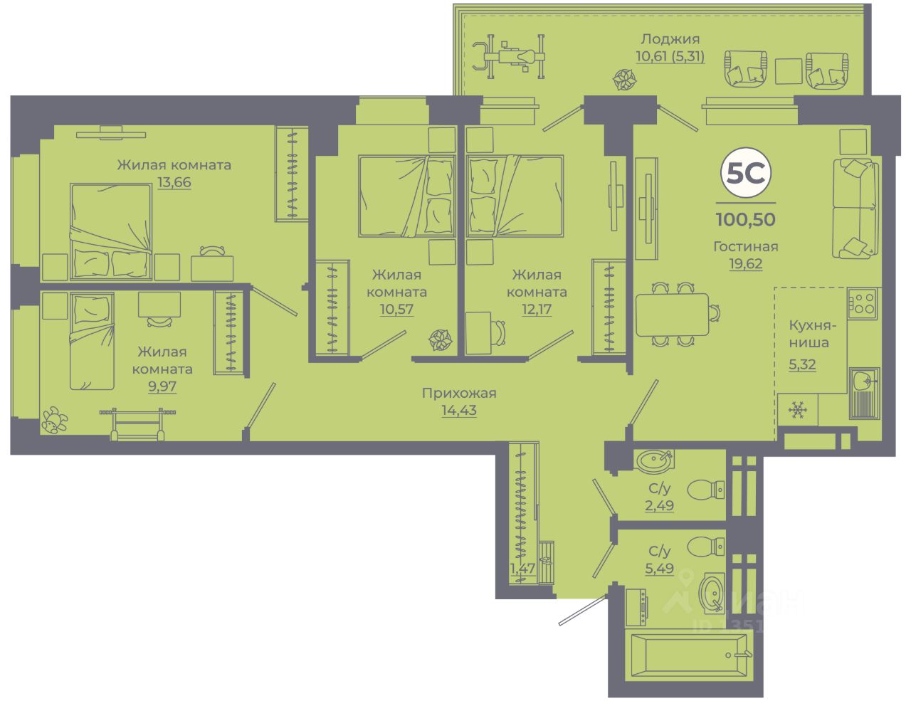 5-комн.кв., 100,7 м², 4/24 этаж