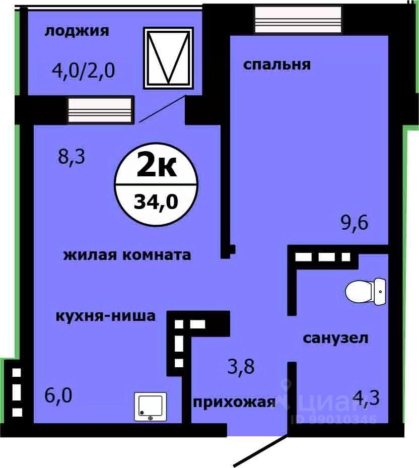 2-комн.кв., 33,3 м², 18/19 этаж