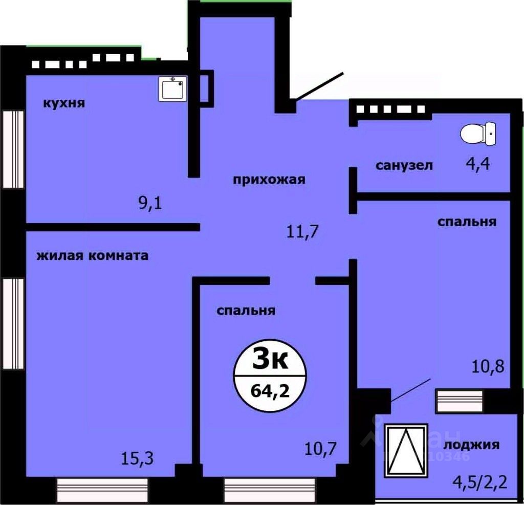 3-комн.кв., 62,9 м², 3/19 этаж