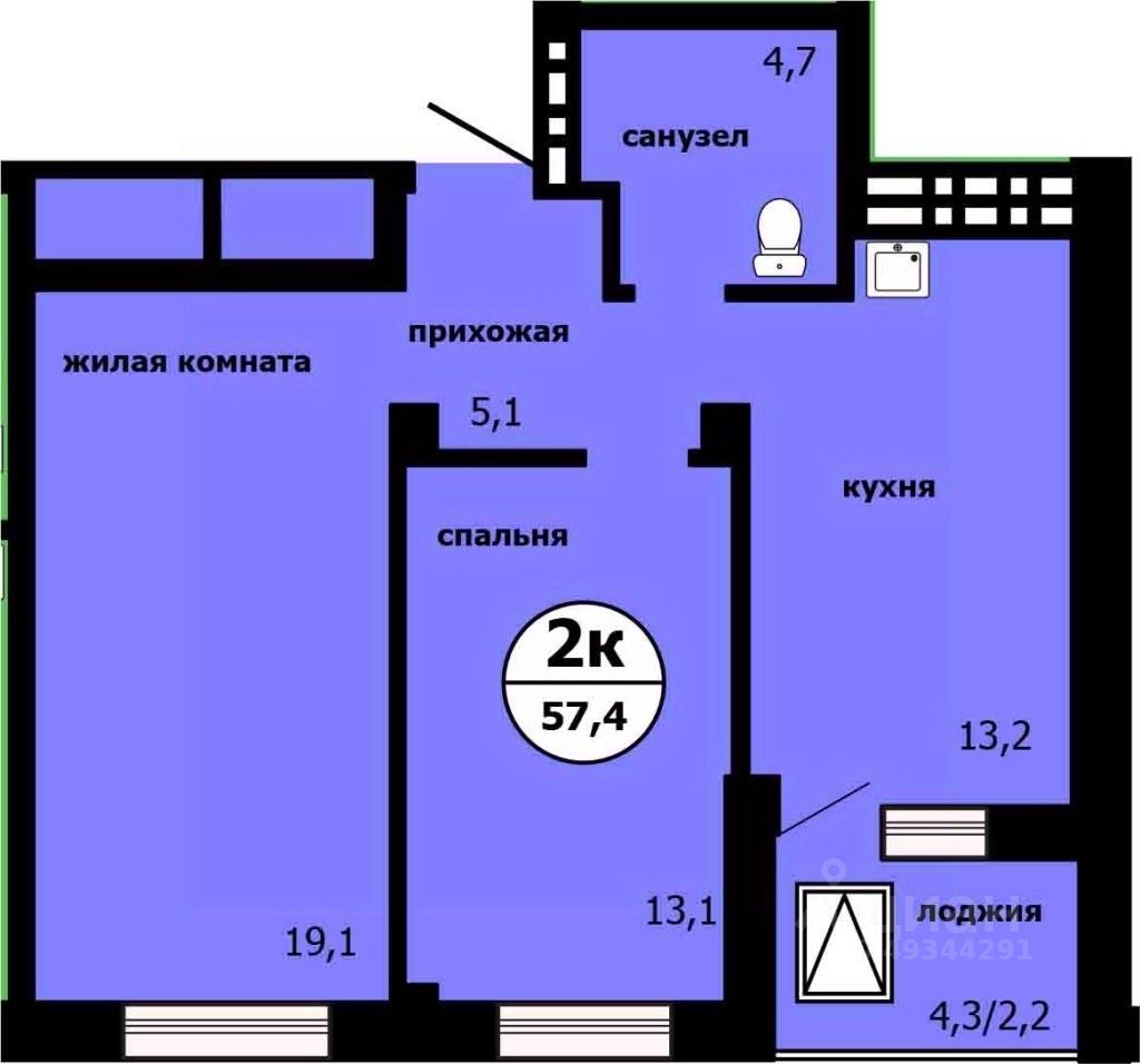 2-комн.кв., 56,5 м², 9/19 этаж