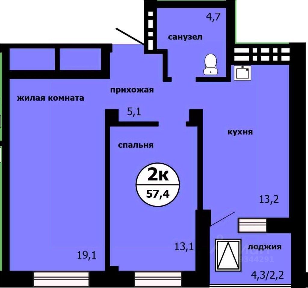 2-комн.кв., 56,9 м², 15/19 этаж