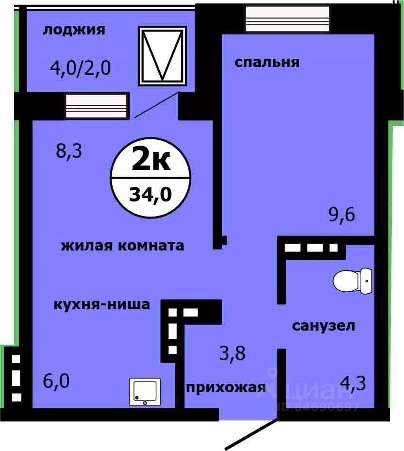 2-комн.кв., 33,2 м², 12/19 этаж