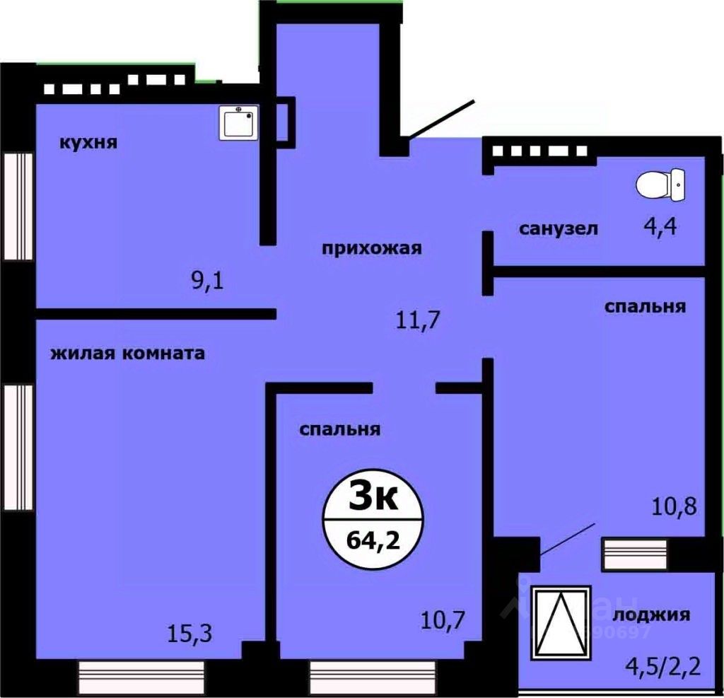 3-комн.кв., 63,3 м², 15/19 этаж