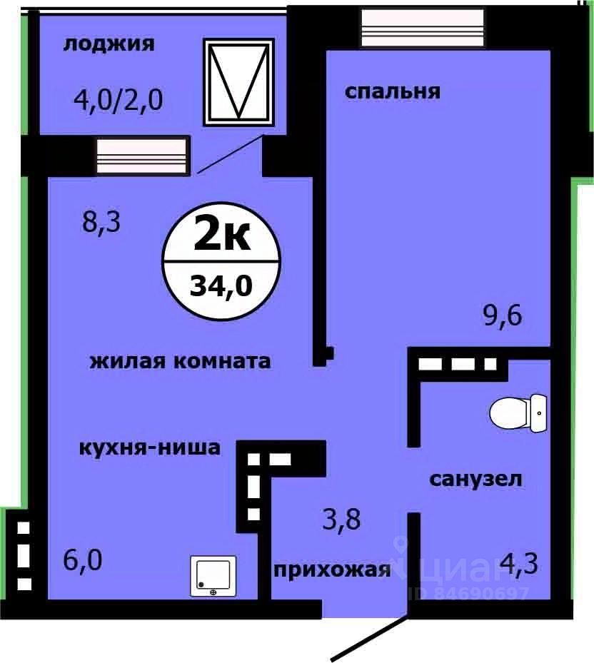 2-комн.кв., 33,4 м², 3/19 этаж