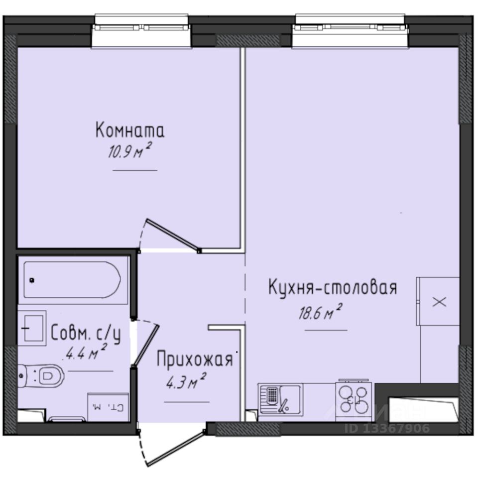 1-комн.кв., 38,1 м², 1/10 этаж