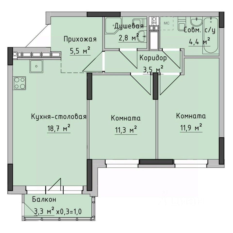 2-комн.кв., 59,6 м², 3/17 этаж