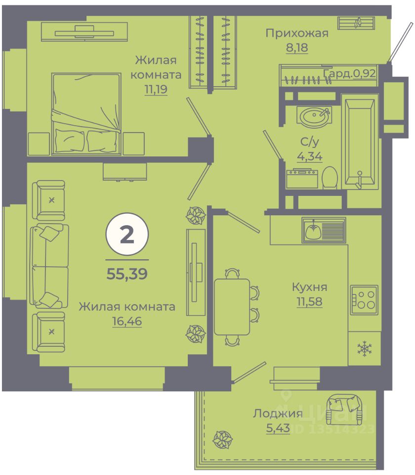 2-комн.кв., 55 м², 22/24 этаж