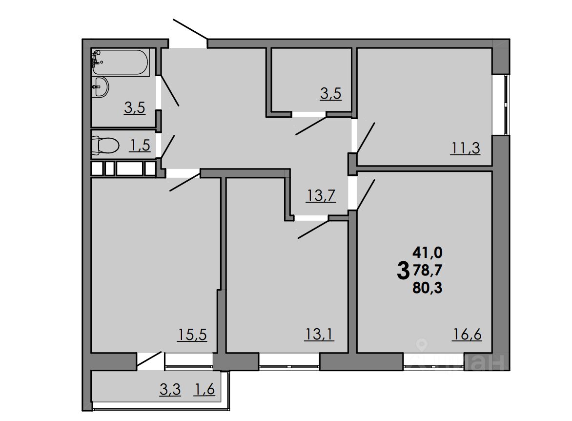 3-комн.кв., 79,5 м², 8/15 этаж