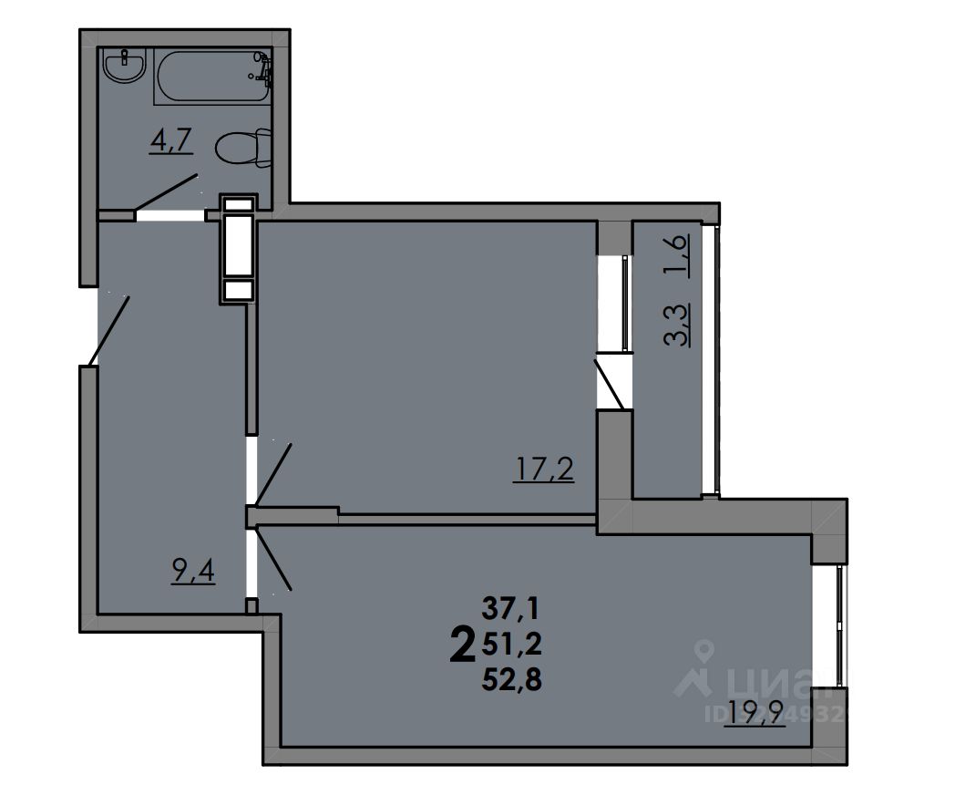 2-комн.кв., 53 м², 3/15 этаж