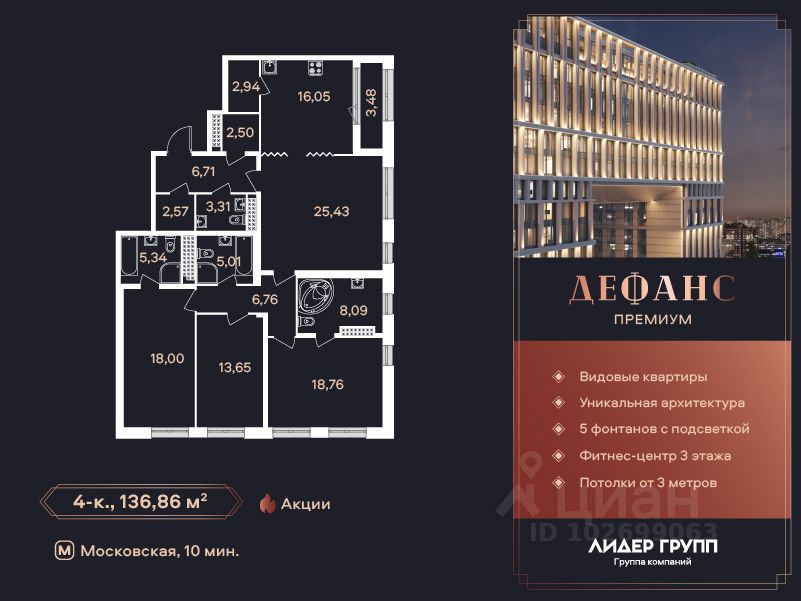 4-комн.кв., 136,9 м², 19/23 этаж