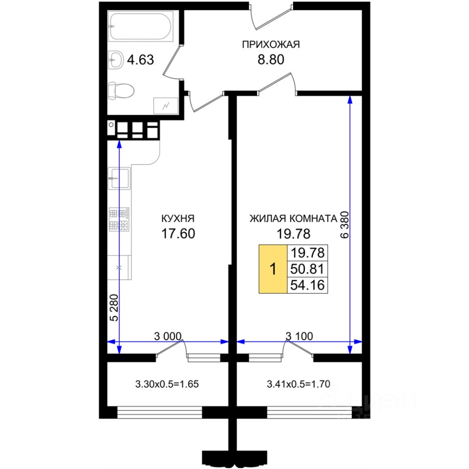 1-комн.кв., 54,2 м², 2/8 этаж