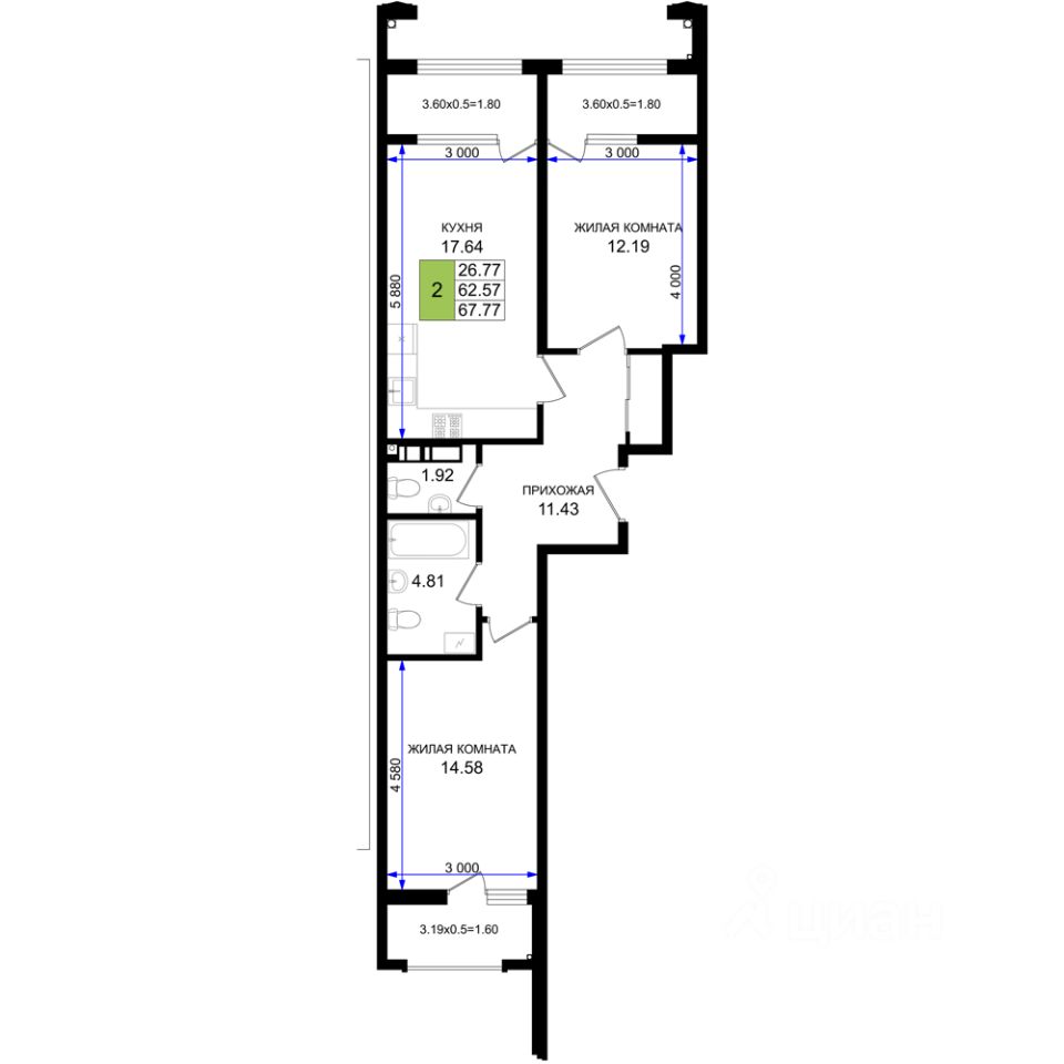2-комн.кв., 67,8 м², 3/8 этаж
