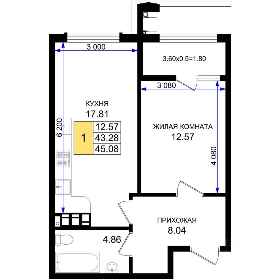 1-комн.кв., 45,1 м², 3/8 этаж