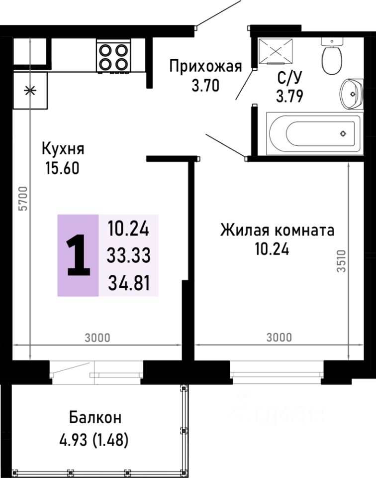 1-комн.кв., 34,8 м², 2/4 этаж