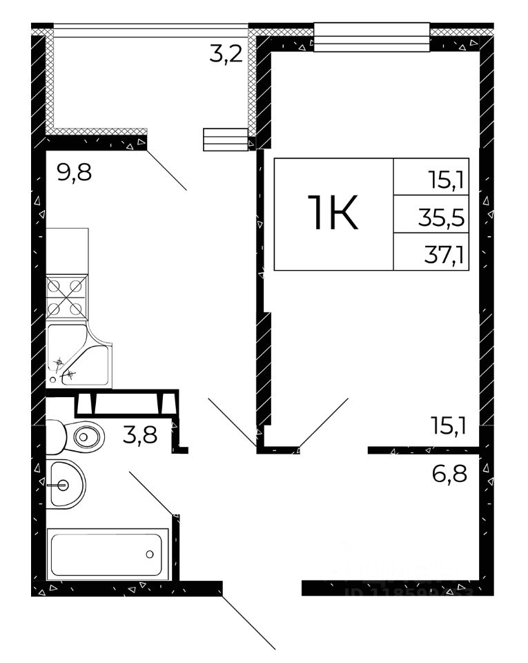 1-комн.кв., 37,1 м², 7/15 этаж