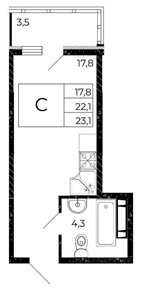 Студия, 23,1 м², 13/15 этаж