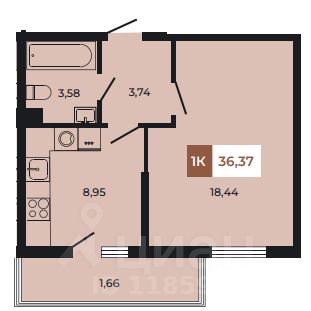 1-комн.кв., 35,6 м², 6/8 этаж