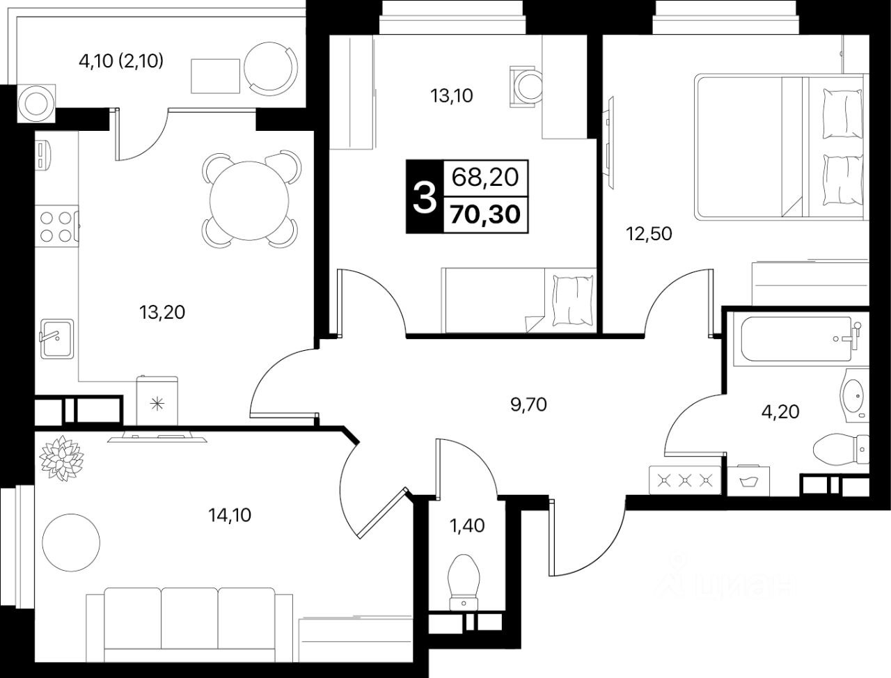3-комн.кв., 70,3 м², 9/12 этаж